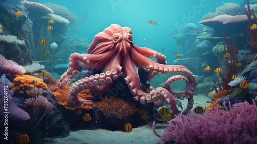 Experience the tranquility of the underwater realm, where a textured octopus blends seamlessly with its surroundings, surrounded by marine flora.
