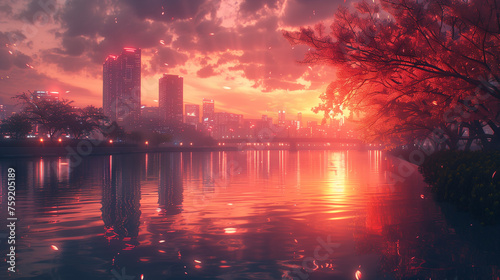 Stadt mit Skyline bei Sonnenuntergang, ein breiter Fluss fließt entlang der Stadt, Pflanzen und Wasser im Vordergrund