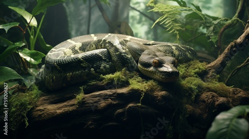 In the midst of the dense foliage, a magnificent boa constrictor slumbers peacefully on a mossy perch.