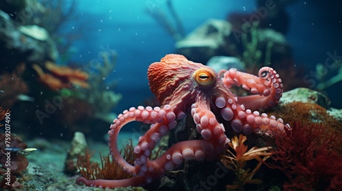 Marvel at the captivating sight of a textured octopus, its vibrant hue contrasting with the surrounding underwater foliage.