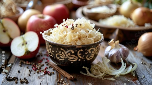 rustic kitchen scene where a bowl of tangy sauerkraut relish is being prepared, surrounded by ingredients like apples, onions, and caraway seeds
