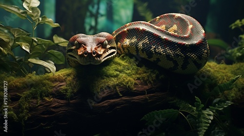 Surrounded by the vibrant greenery of the rainforest, a boa constrictor lounges elegantly on a mossy branch.
