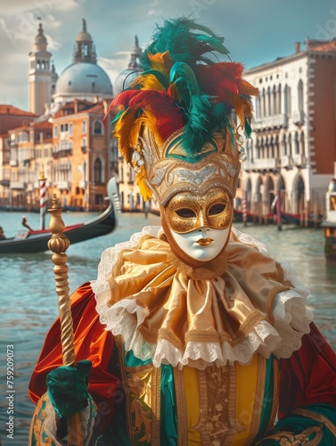 Ein bunt kostümierter und maskierter Mann - Karneval in Venedig