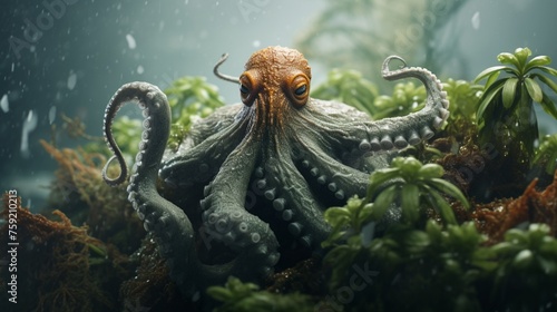 the mesmerizing textures of an octopus gracefully gliding through marine foliage.