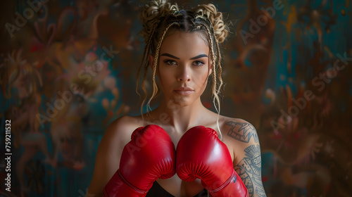 Combattante féroce : une femme portant des gants de boxe rouges, prête à conquérir le monde