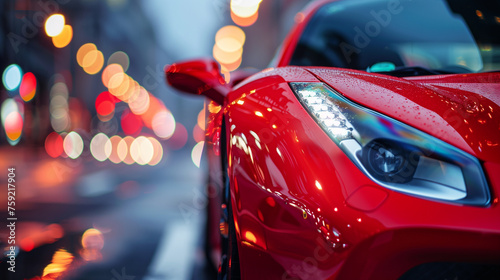 close up photo about Red sport car closeup picture on a narrow road with bokeh background
