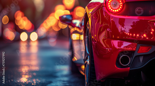 close up photo about Red sport car closeup picture on a narrow road with bokeh background