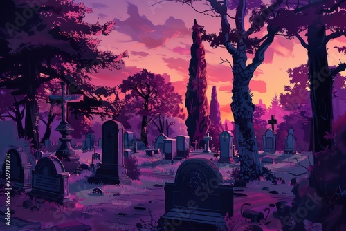 artistic illustration of an autumn evening in a cemetery