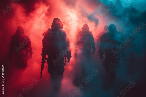 Soldiers Walking Through a Cloud of Smoke