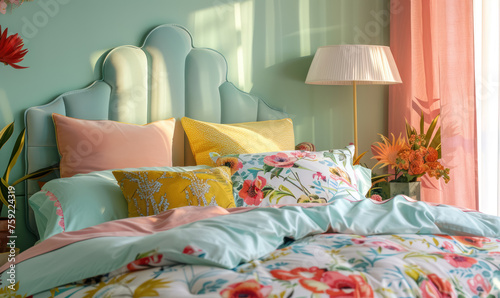 colorful botanical bedroom interior with pastel bedding and tropical plants