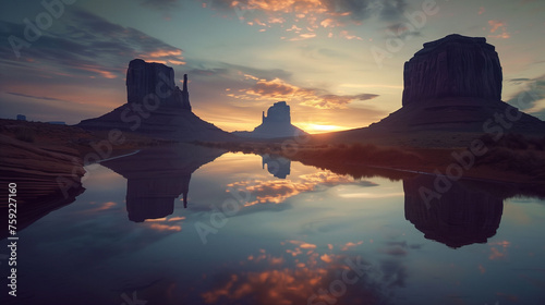 Serene sunset at Monument Valley with iconic buttes reflected in water, creating a symmetrical natural landscape.