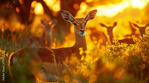 Beautiful impalas in the grass with evening sun, hidden portrait in vegetation. Animal in the wild nature . Sunset in Africa wildlife. Animal in the habitat, face portrait
