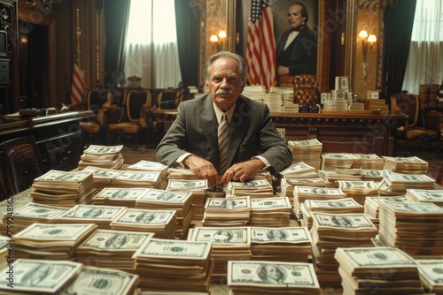 Wealthy bureaucrat surrounded by piles of cash in opulent office setting.