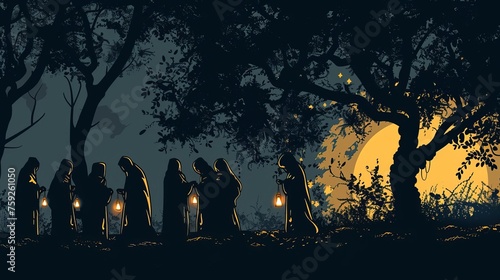 Evocative silhouette illustration depicting the parable of the ten virgins waiting with their lamps, a powerful biblical story