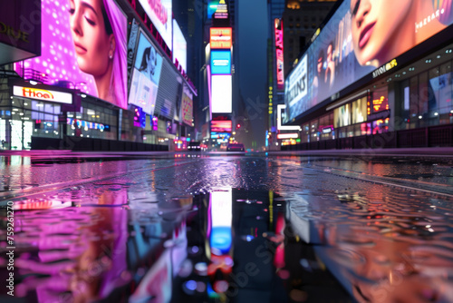 3D Rendering of billboards and advertisement signs at modern buildings in capital city with light reflection from puddles on street. 