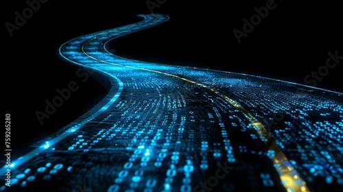 digital road illuminated by blue matrix of binary code. digital winding road isolated on black background. 