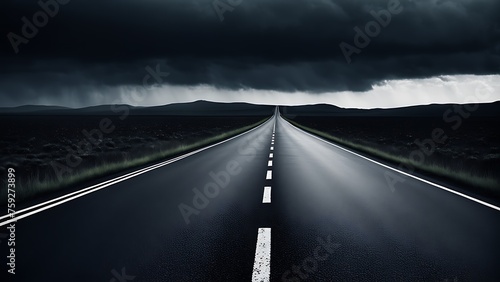 An empty road under a stormy sky, evoking a sense of solitude and anticipation.