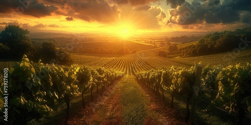 The sun is setting over a vineyard, casting a warm light on the rows of grapevines.