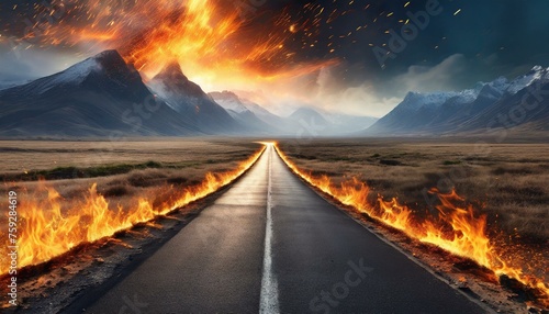 An asphalt road in the middle of nowhere with fire flame and spark effects
