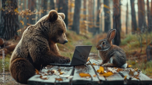 A bear and a rabbit sharing a laptop planning a joint venture