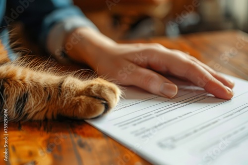 Signing a pet medical insurance contract. Contract form, person's hand and cat's paw on the table. Animal life insurance, pet care, animal protection.