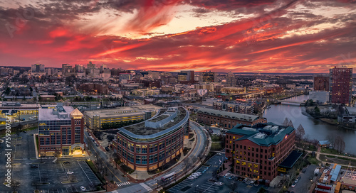 Aerial panorama view of downtown Wilmington Delaware headquarter of most US banks and companies with dramatic colorful cloudy sunset sky