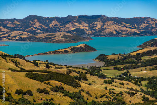 panorama of banks peninsula and akaroa harbour as seen from the top of the hill in otepatotu scenic reserve; canterbury, new zealand south island near christchurch