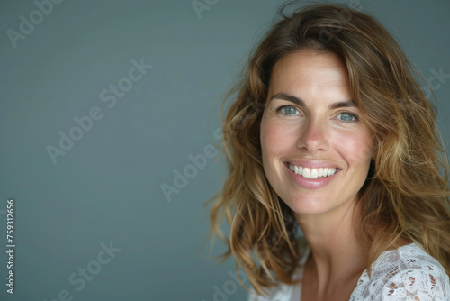 A woman with long brown hair and blue eyes smiles for the camera