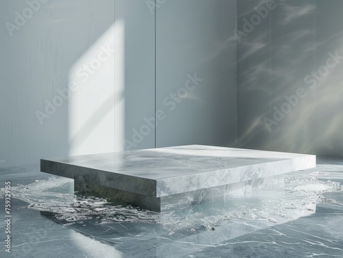 Fresco Abstract Minimalistic Flat Podium. The Scene for Product Presentation. 3D Room with thin podium and water splashes. Ai Generated Podium Mockup for a Product advertisement.