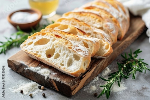 Slices of ciabatta bread on a wooden board.
