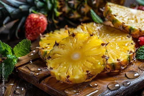 freshly sliced pineapple arranged on a wooden cutting board