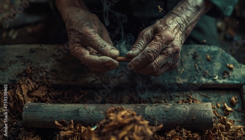 close up of hand rolling tobacco for a traditional cigarette