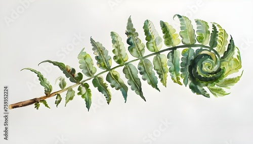 A fern unrolling a young frond. Polypodiopsida. Hand drawn watercolor painting