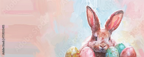 Cute pink bunny rabbit with easter eggs on pink background oil acrylic painting copy space illustration