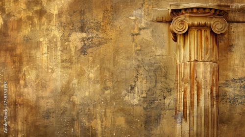 a golden yellow ancient greece and roman empire texture wallpaper background with a lot of empty blank copyspace. pillars and old buildings. 