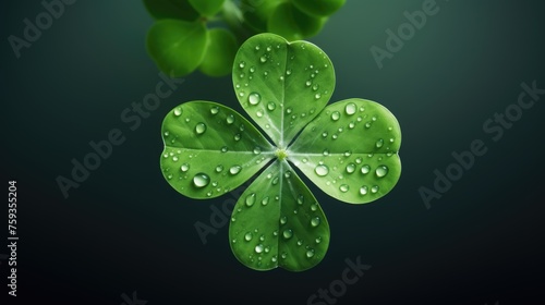 Fresh green four-leaf clover on dark background, St. Patricks Day luck.