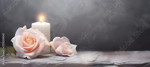 White candle with a rose and flowers petals on grey stone panoramic, ai generative
