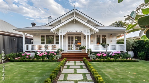 Colonial style white wooden cladding family house exterior. Beautiful front yard landscaping design with lawn and flower bed.