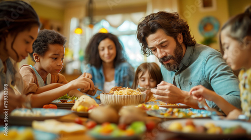 Family Meal Time, Joyful Multiethnic Family Enjoying a Homemade Dinner Together in a Warm, Cozy Kitchen