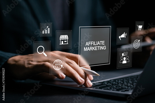 Affiliate marketing. Marketing strategies to advertise products and services. Businessman using with affiliate marketing icons on virtual screen for new business concept.