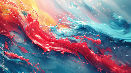 Abstract paint splashes of red, yellow and aqua blue swirling together