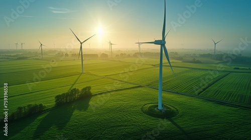 Sunrise Over Green Wind Turbine Field