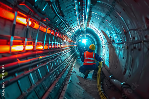 A cable tunnel, fiber-optic cables neatly organized, technicians splicing connections, ensuring high-speed internet