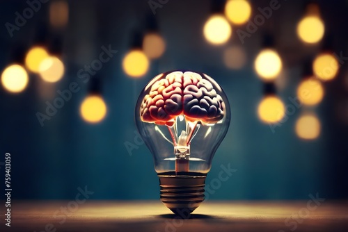 Glowing human brain inside of light bulb isolated on bokeh background. Mental health concept, brain thinking, smart response, solution, education, mind, business bright idea, smart thinking idea.
