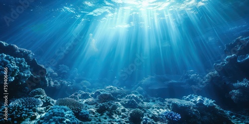 underwater scene with bubbles in deep sea 