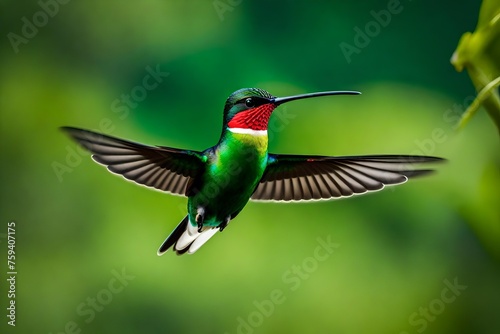 A male Black-throated Mango hummingbird hovering in the air with a green blurred background. Wildlife in nature. Bird in wild