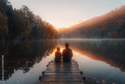 Two people sitting on a dock looking over a misty lake at sunrise.