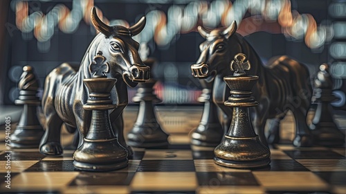 Bull and bear chess pieces on a chessboard, the bull advancing, against financial charts, symbolizing market strategies.