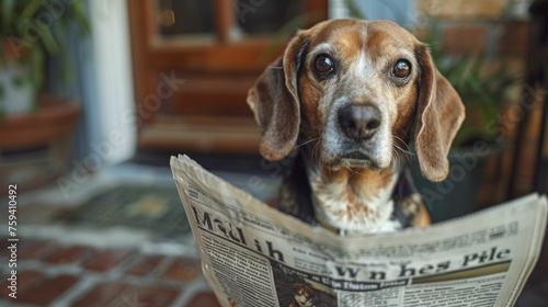 The loyal beagle waits at the door with newspapers, showing dedication in delivery and logistics services.