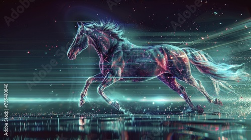 Horse galloping through a digital realm fusing age-old might with advanced tech, epitomizing rapid tech advancements.